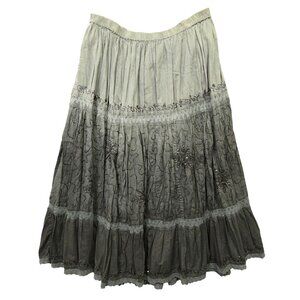 Bohemian-Style Green Ombre Embroidered Tiered Midi Skirt Crochet Accents Sequin